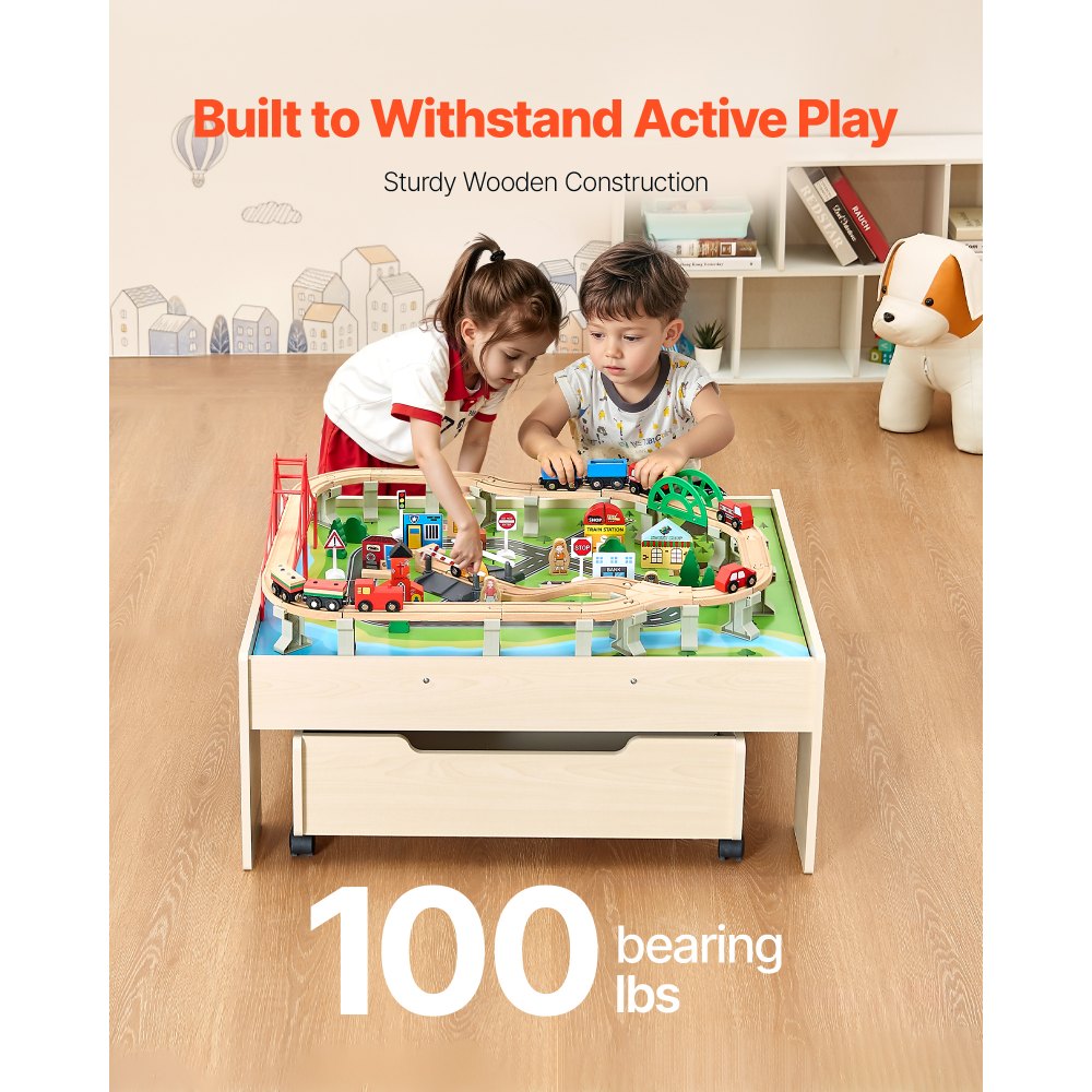 VEVOR Train Table, 100 Multicolor Pieces Wooden Kids Activity Table with Rolling Storage Drawer, 3-in-1 Wooden Train Set for Gaming, Drawing, Reading, Eating, Creative Toy Set for Kids Ages 3+