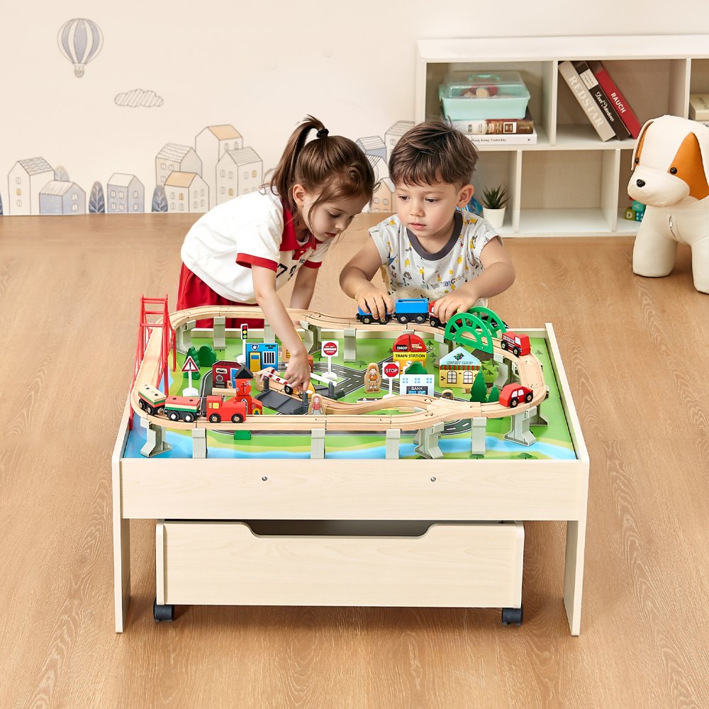 VEVOR Train Table, 100 Multicolor Pieces Wooden Kids Activity Table with Rolling Storage Drawer, 3-in-1 Wooden Train Set for Gaming, Drawing, Reading, Eating, Creative Toy Set for Kids Ages 3+