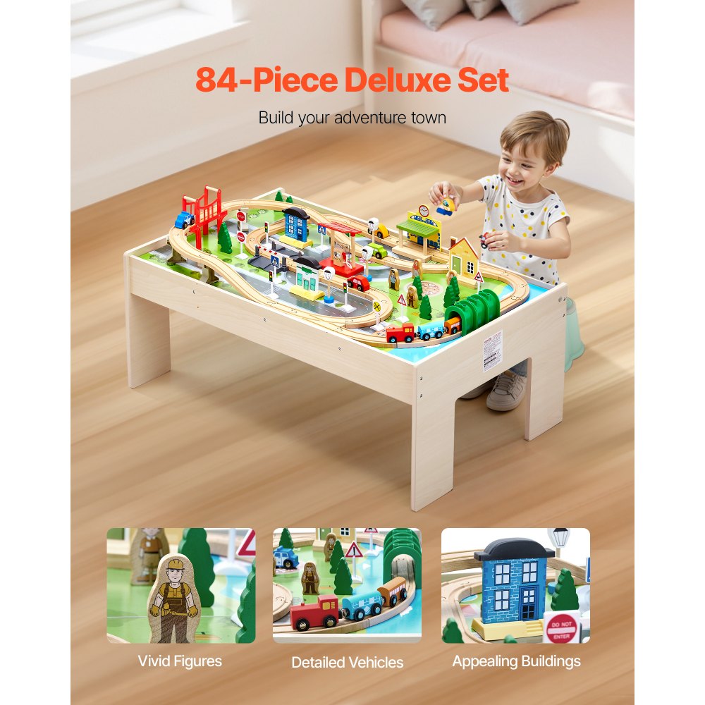 VEVOR Train Table, 84 Multicolor Pieces Wooden Kids Activity Table with Collapsible Storage Bin, 3-in-1 Wooden Train Set for Gaming, Drawing, Reading, Eating, Creative Toy Set for Kids Ages 3+