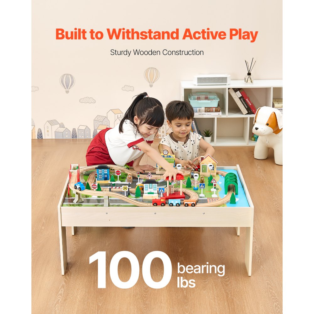 VEVOR Train Table, 84 Multicolor Pieces Wooden Kids Activity Table with Collapsible Storage Bin, 3-in-1 Wooden Train Set for Gaming, Drawing, Reading, Eating, Creative Toy Set for Kids Ages 3+