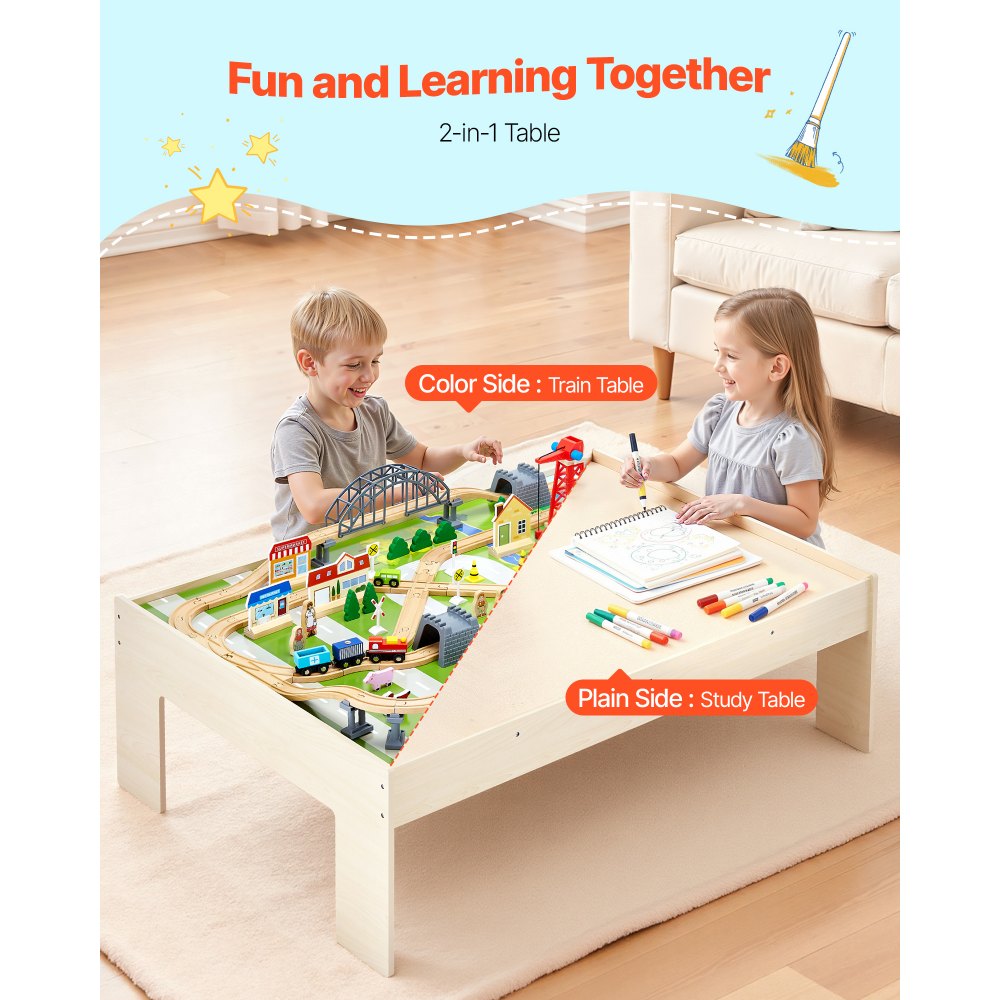 VEVOR Train Table, 120 Multicolor Pieces Wooden Kids Activity Table with Collapsible Storage Bin, 3-in-1 Wooden Train Set for Gaming, Drawing, Reading, Eating, Creative Toy Set for Kids Ages 3+