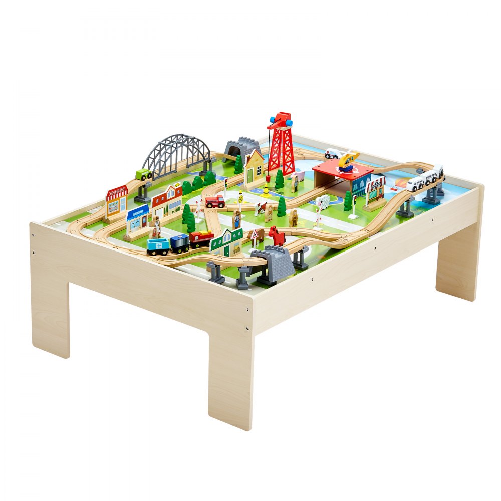 VEVOR Train Table, 120 Multicolor Pieces Wooden Kids Activity Table with Collapsible Storage Bin, 3-in-1 Wooden Train Set for Gaming, Drawing, Reading, Eating, Creative Toy Set for Kids Ages 3+