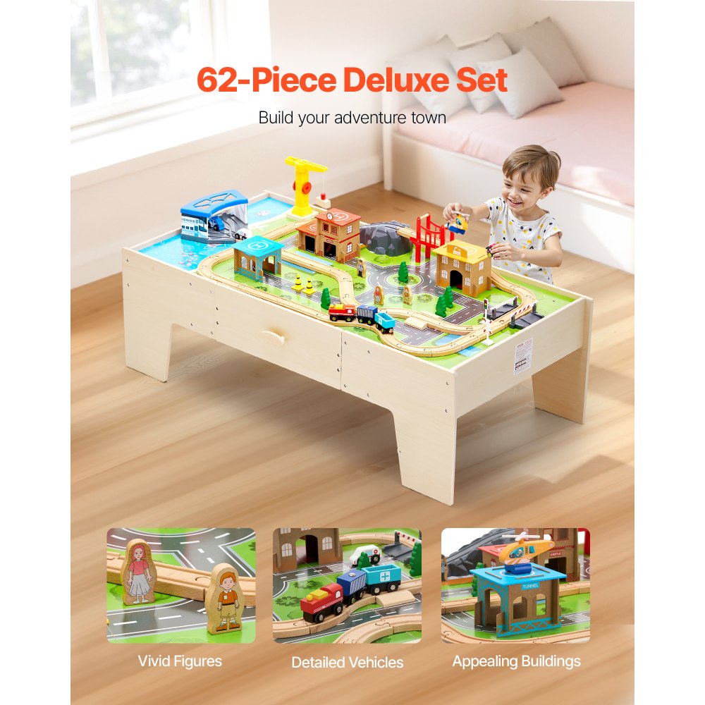 VEVOR Train Table, 62 Multicolor Pieces Wooden Kids Activity Table with Large Storage Drawer, 3-in-1 Wooden Train Set for Playing, Drawing, Reading, Eating, Creative Toy Set for Kids Ages 3+