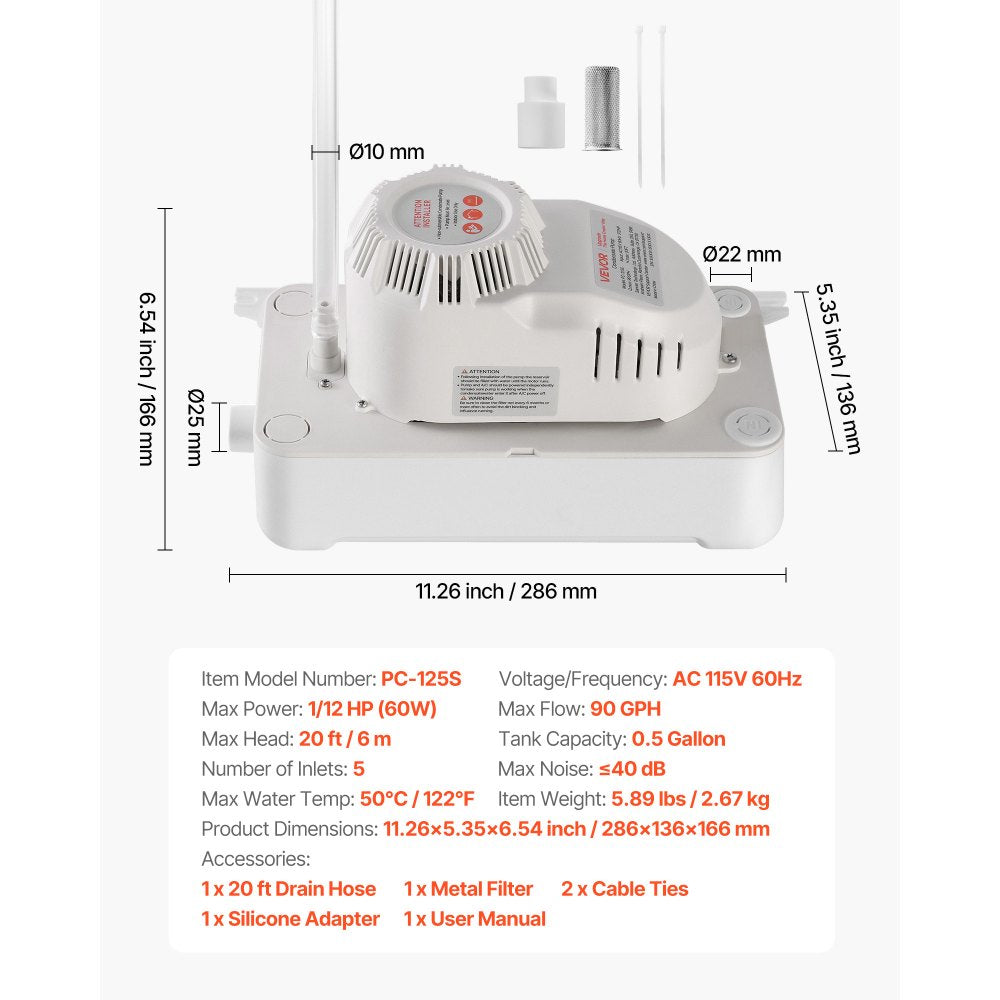 VEVOR Condensate Pump, 1/12 HP, 90 GPH, 20 ft Lift, 115V Automatic AC Condensation Removal Pump with Safety Switch 20 ft Tubing, for Air Conditioner, Dehumidifier, HVAC, Furnace, Ice Maker Water Drain