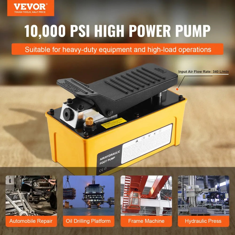VEVOR 10,000PSI Air Hydraulic Pump, 0.42 Gal Reservoir, NPT 3/8 In Oil Outlet, NPT 1/4 In Inlet, Aluminum Shell Air Actuated Treadle Foot Pump, for Automobile Repair Frame Machine & Hydraulic Press