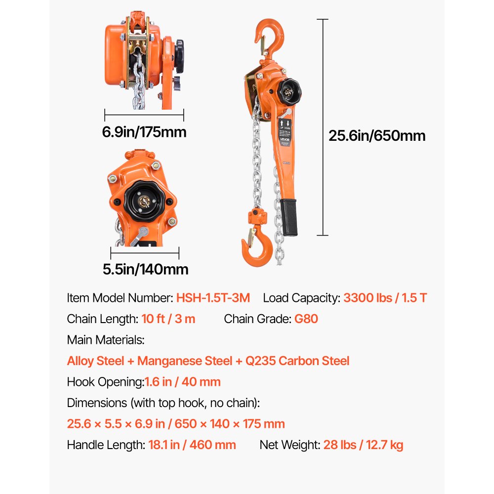 VEVOR Manual Lever Chain Hoist, 1-1/2T 3300LBS Capacity Heavy Duty Come Along, 10FT Lift G80 Alloy Steel Chain With Dual Pawl Mechanical Brake,360°Rotating Hooks, for Warehouse Construction Garage