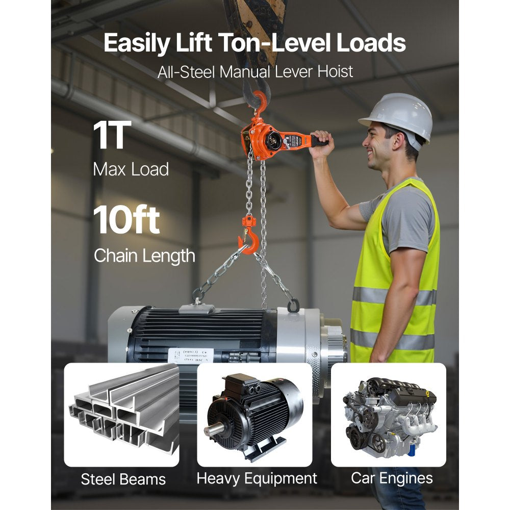 VEVOR Manual Lever Chain Hoist, 1T 2200LBS Capacity Heavy Duty Come Along, 10FT Lift G80 Alloy Steel Chain With Dual Pawl Mechanical Brake,360°Rotating Hooks, for Warehouse Construction Garage