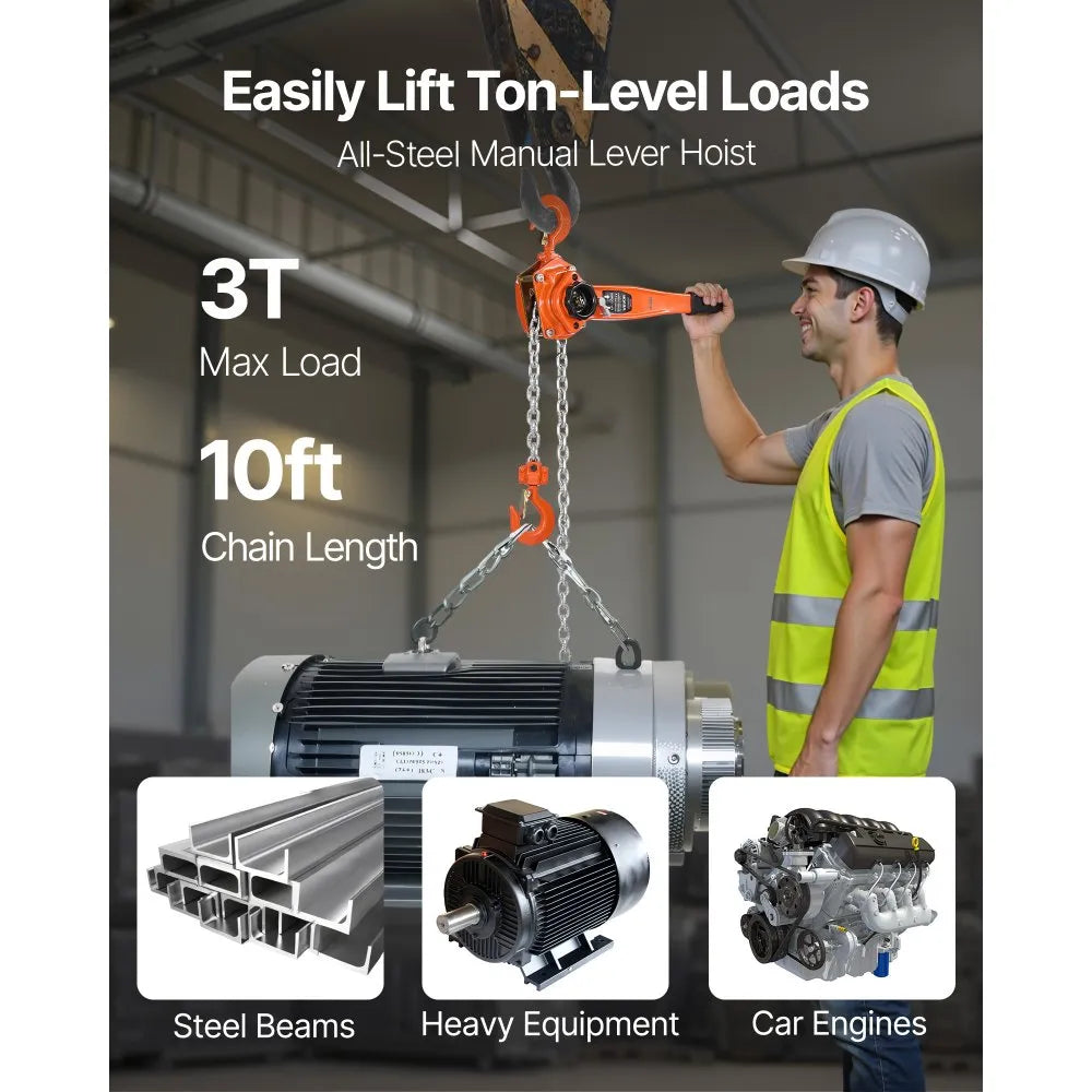VEVOR Manual Lever Chain Hoist, 3T 6600LBS Capacity Heavy Duty Come Along, 10FT Lift G80 Alloy Steel Chain With Dual Pawl Mechanical Brake,360°Rotating Hooks, for Warehouse Construction Garage