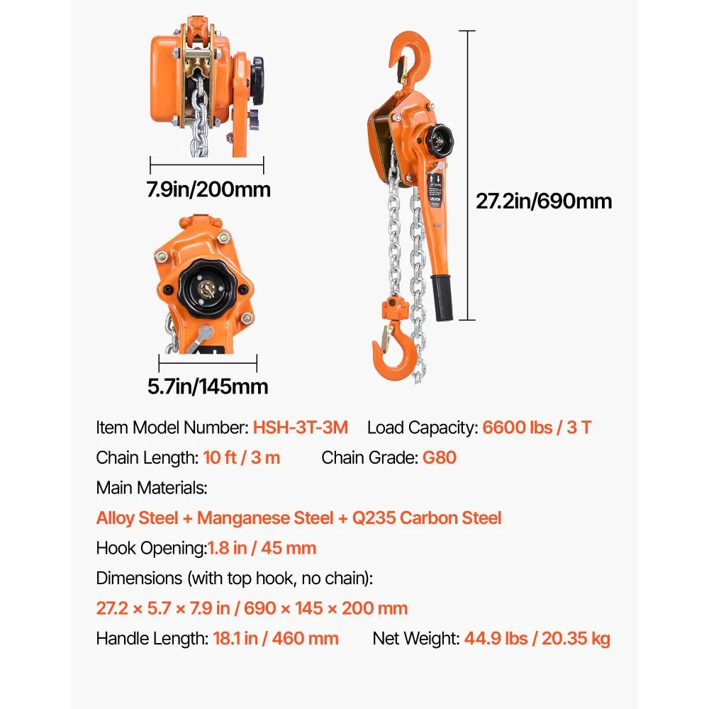 VEVOR Manual Lever Chain Hoist, 3T 6600LBS Capacity Heavy Duty Come Along, 10FT Lift G80 Alloy Steel Chain With Dual Pawl Mechanical Brake,360°Rotating Hooks, for Warehouse Construction Garage