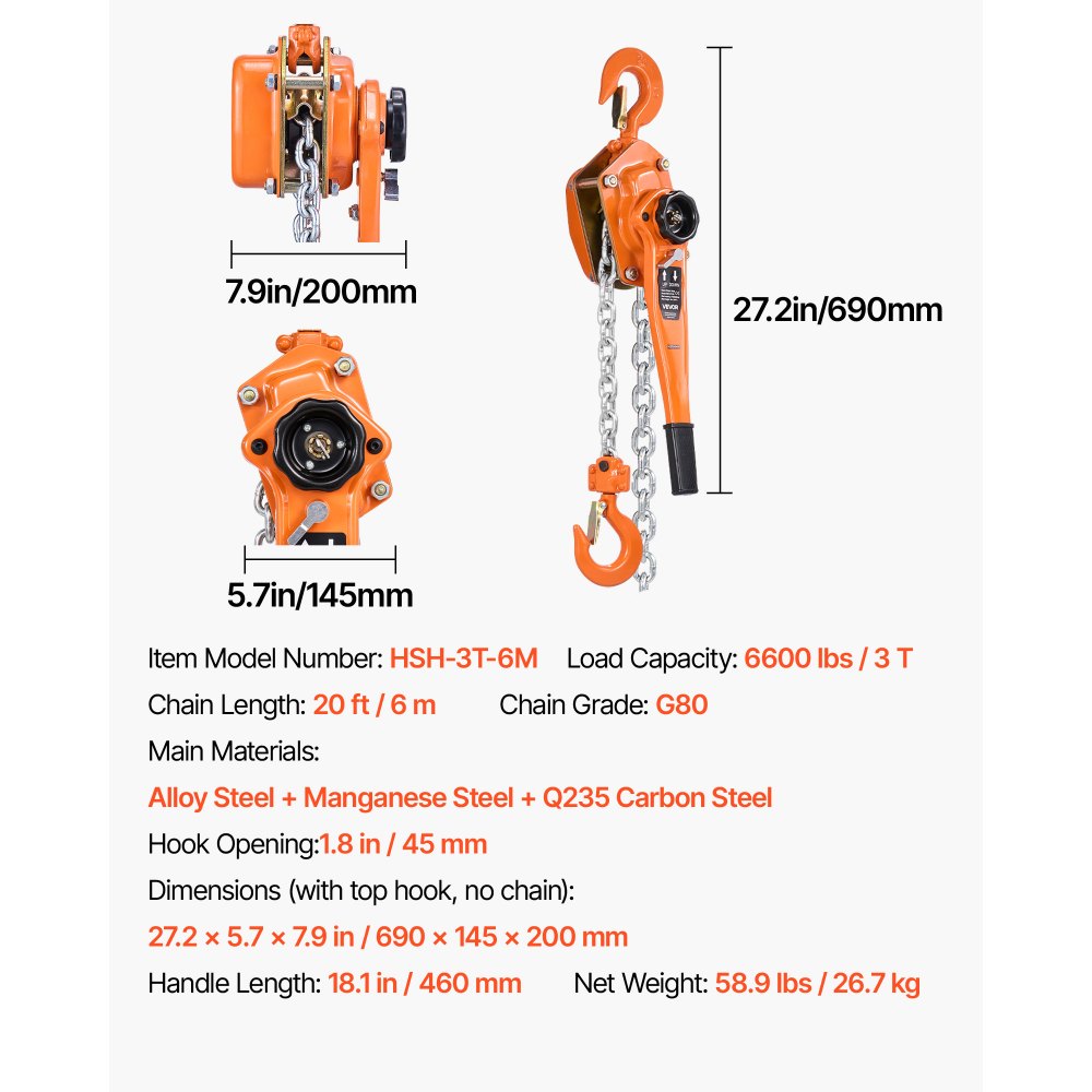 VEVOR Manual Lever Chain Hoist, 3T 6600LBS Capacity Heavy Duty Come Along, 20FT Lift G80 Alloy Steel Chain With Dual Pawl Mechanical Brake,360°Rotating Hooks, for Warehouse Construction Garage