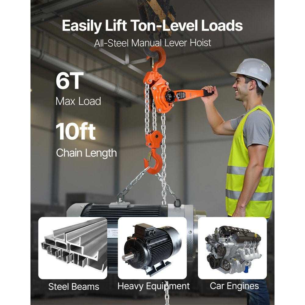 VEVOR Manual Lever Chain Hoist, 6T 13200LBS Capacity Heavy Duty Come Along, 10FT Lift G80 Alloy Steel Chain With Dual Pawl Mechanical Brake,360°Rotating Hooks, for Warehouse Construction Garage