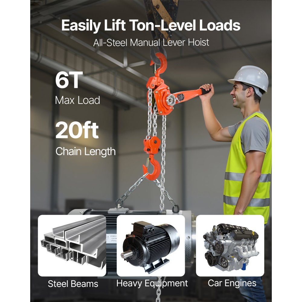 VEVOR Manual Lever Chain Hoist, 6T 13200LBS Capacity Heavy Duty Come Along, 20FT Lift G80 Alloy Steel Chain With Dual Pawl Mechanical Brake,360°Rotating Hooks, for Warehouse Construction Garage