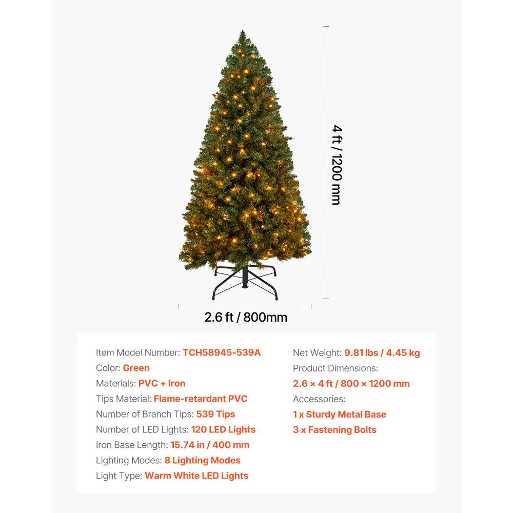 VEVOR Christmas Tree, 4ft Prelit Artificial Xmas Tree, Full Holiday Decor Trees with 120 Warm White LED Lights, 8 Lighting Modes, 539 Branch Tips & Sturdy Metal Base for Home Party Office Decoration