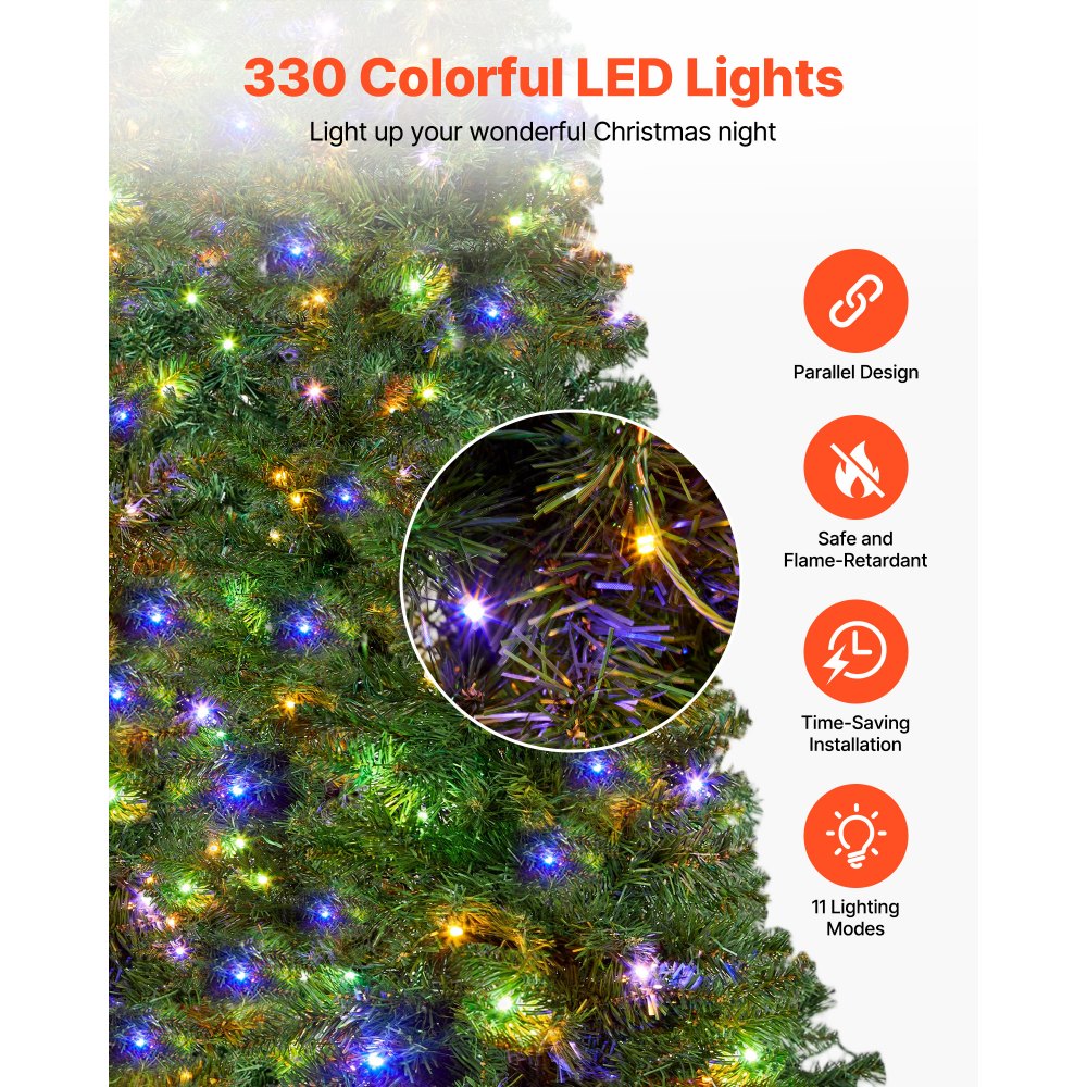 VEVOR Christmas Tree, 6ft Prelit Artificial Xmas Tree, Full Holiday Decor Trees with 330 Colorful LED Lights, 11 Lighting Modes, 1250 Branch Tips & Sturdy Metal Base for Home Party Office Decoration