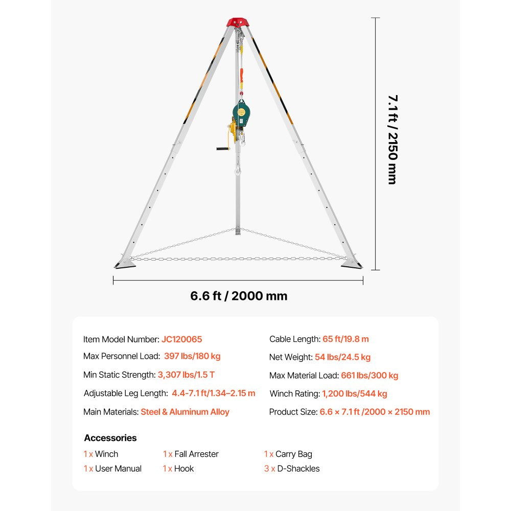 VEVOR Confined Space Tripod Kit, Heavy Duty Rescue Tripod Lifting Hoist 1200 lbs Winch, 4.1 ft Adjustable Legs, 65 ft Cable Portable Kit, 32.8 ft Fall Protection, 4.40-7.05 ft Working Height