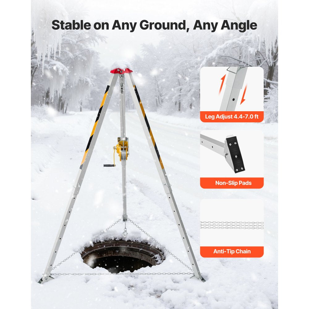 VEVOR Confined Space Tripod Kit, Heavy Duty Rescue Tripod Lifting Hoist 1200 lbs Winch, 4.1 ft Adjustable Legs, 98.5 ft Cable Portable Kit, 32.8 ft Fall Protection, 4.40-7.05 ft Working Height