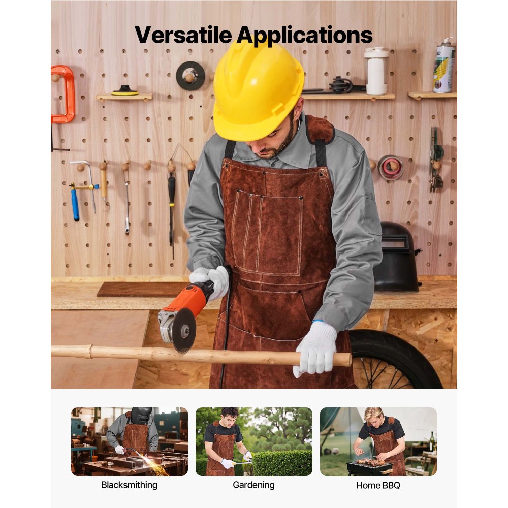 VEVOR Leather Welding Work Apron, Heavy Duty Cowhide Flame Resistant Welding Apron, Heat-Resistant Blacksmith Welder Aprons with 6 Tool Pockets for Woodworking, Gardening, BBQ
