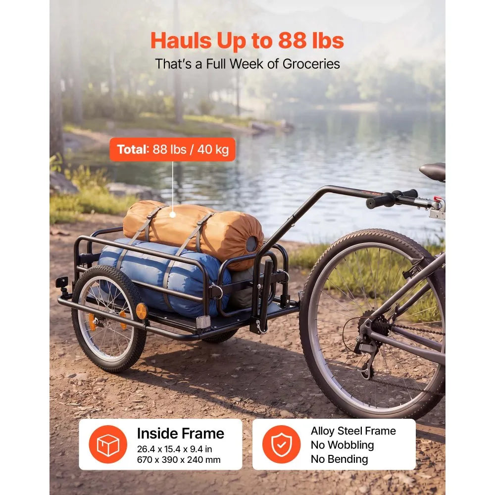 VEVOR Bike Cargo Trailer 88 lbs Load 2-in-1 Pushcart Folding Bicycle Wagon, Heavy-Duty Cart with 16-Inch Wheels, Reflectors, Carbon Steel Frame, Foldable Compact Storage, Fits 22-28 in Bike Wheels