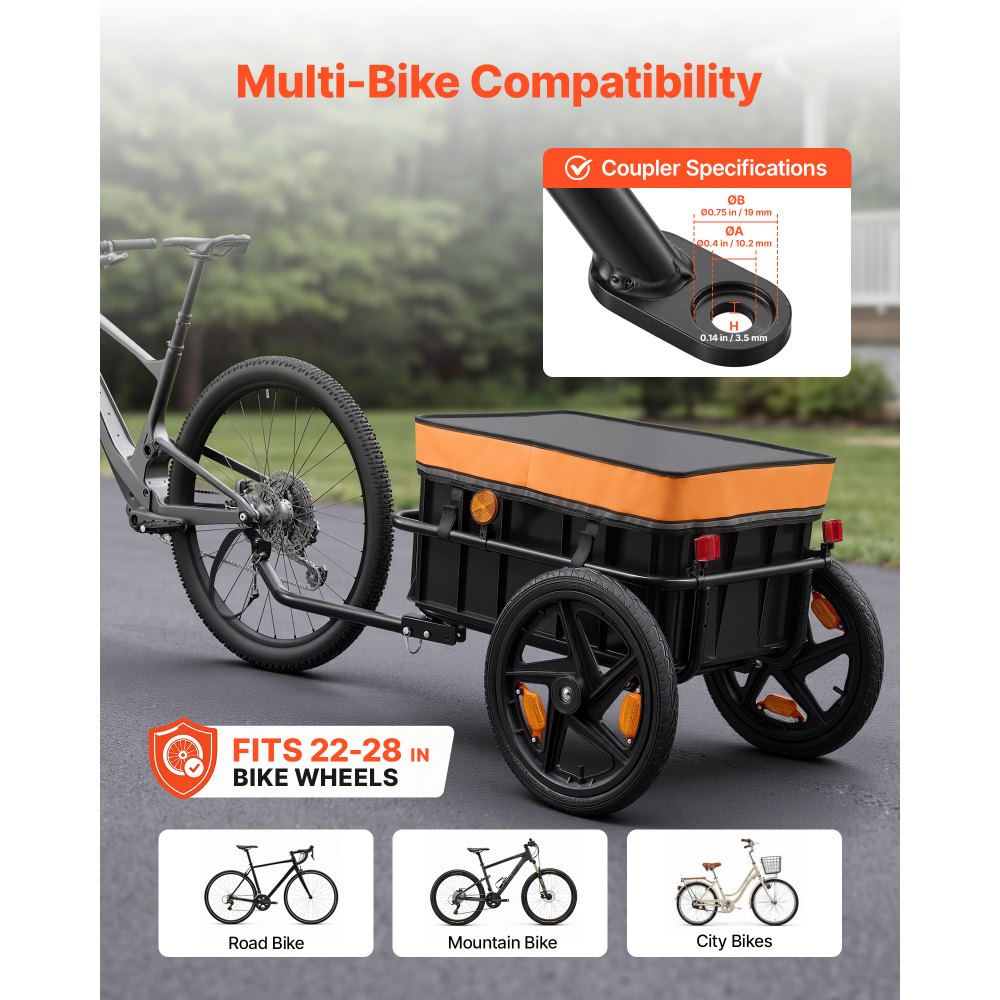 VEVOR Bike Cargo Trailer 100 lbs 2-in-1 Pushcart Heavy-Duty Bicycle Wagon, Cart with Waterproof Cover, 7 in & 16 in Wheels, Reflector, Carbon Steel Frame, Fits 22-28 in Bike Wheels, for Carrying Cargo