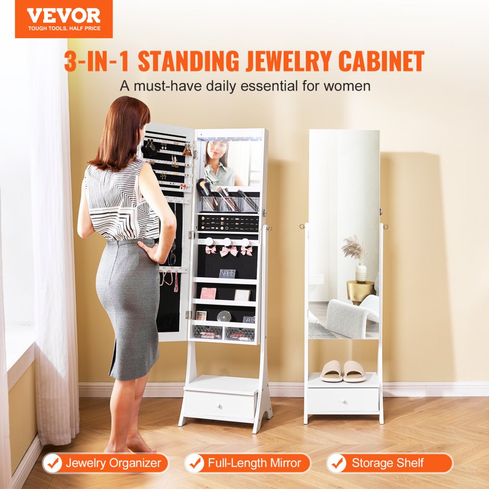 VEVOR Mirror Jewelry Cabinet, Standing Mirror with Storage, Lockable Jewelry Mirror Organizer with Full Length Mirror, Velvet Lining, Interior LED Light, Drawer, Freestanding Jewelry Armoire, White