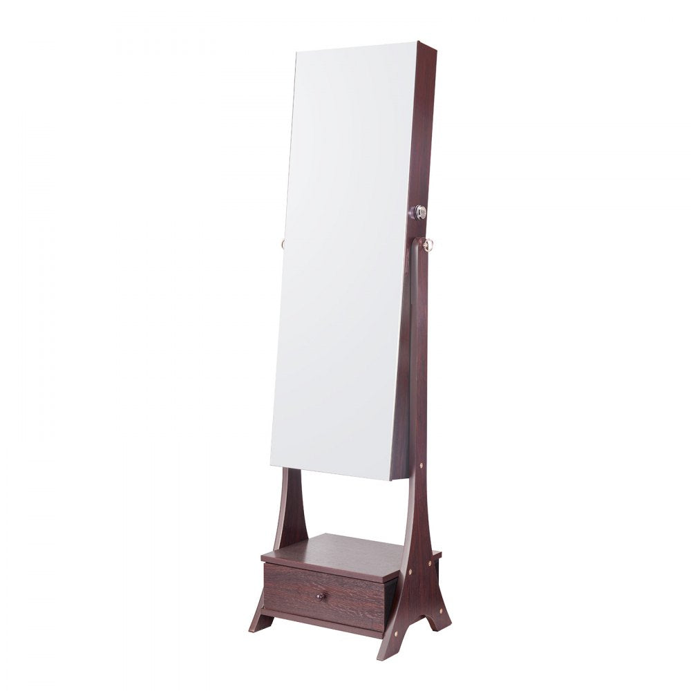 VEVOR Mirror Jewelry Cabinet, Standing Mirror with Storage, Lockable Jewelry Mirror Organizer with Full Length Mirror, Velvet Lining, Interior LED Light, Drawer, Freestanding Jewelry Armoire, Brown