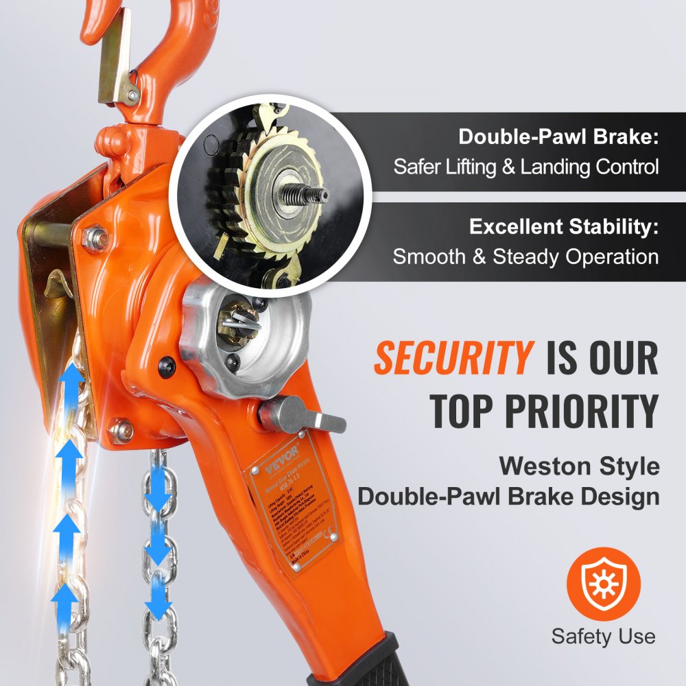 VEVOR Manual Lever Chain Hoist, 3/4 Ton 1650 lbs Capacity 10 FT Come Along, G80 Galvanized Carbon Steel with Weston Double-Pawl Brake, Auto Chain Leading & 360° Rotation Hook, for Garage Factory Dock