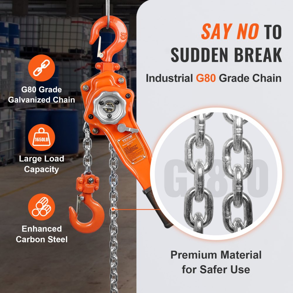 VEVOR Manual Lever Chain Hoist, 3/4 Ton 1650 lbs Capacity 10 FT Come Along, G80 Galvanized Carbon Steel with Weston Double-Pawl Brake, Auto Chain Leading & 360° Rotation Hook, for Garage Factory Dock