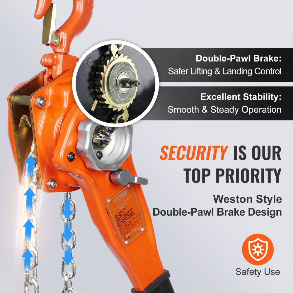 VEVOR Hand-Operated Chain Lift, 1650 lbs Load, 5ft Length, G80 Zinc-Coated Steel, Dual-Pawl Brake System, Automatic Chain Guide & Swivel Hook, Ideal for Workshops, Warehouses, and Loading Docks