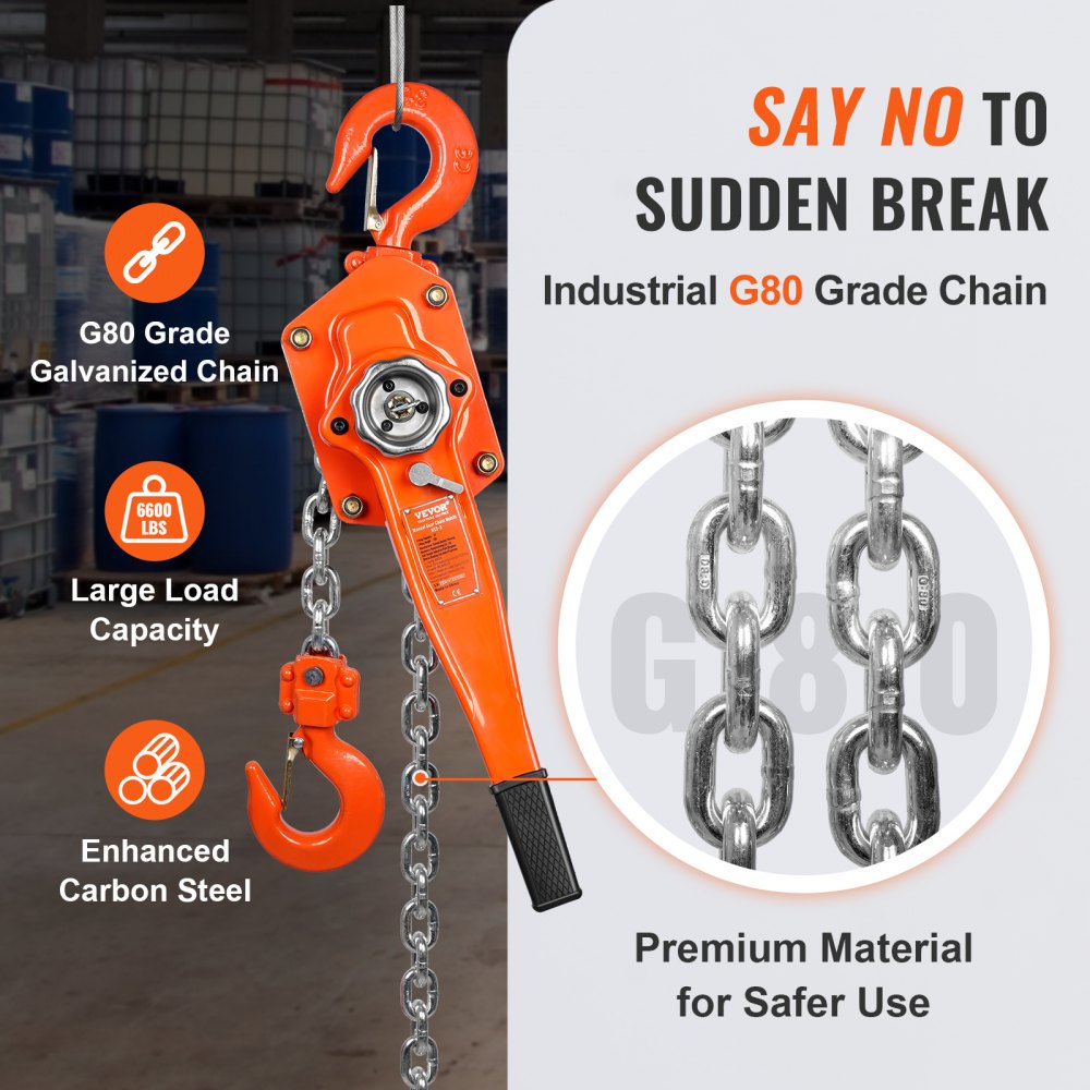 VEVOR Manual Lever Chain Hoist, 3 Ton 6600 lbs Capacity 10 FT Come Along, G80 Galvanized Carbon Steel with Weston Double-Pawl Brake, Auto Chain Leading & 360° Rotation Hook, for Garage Factory Dock
