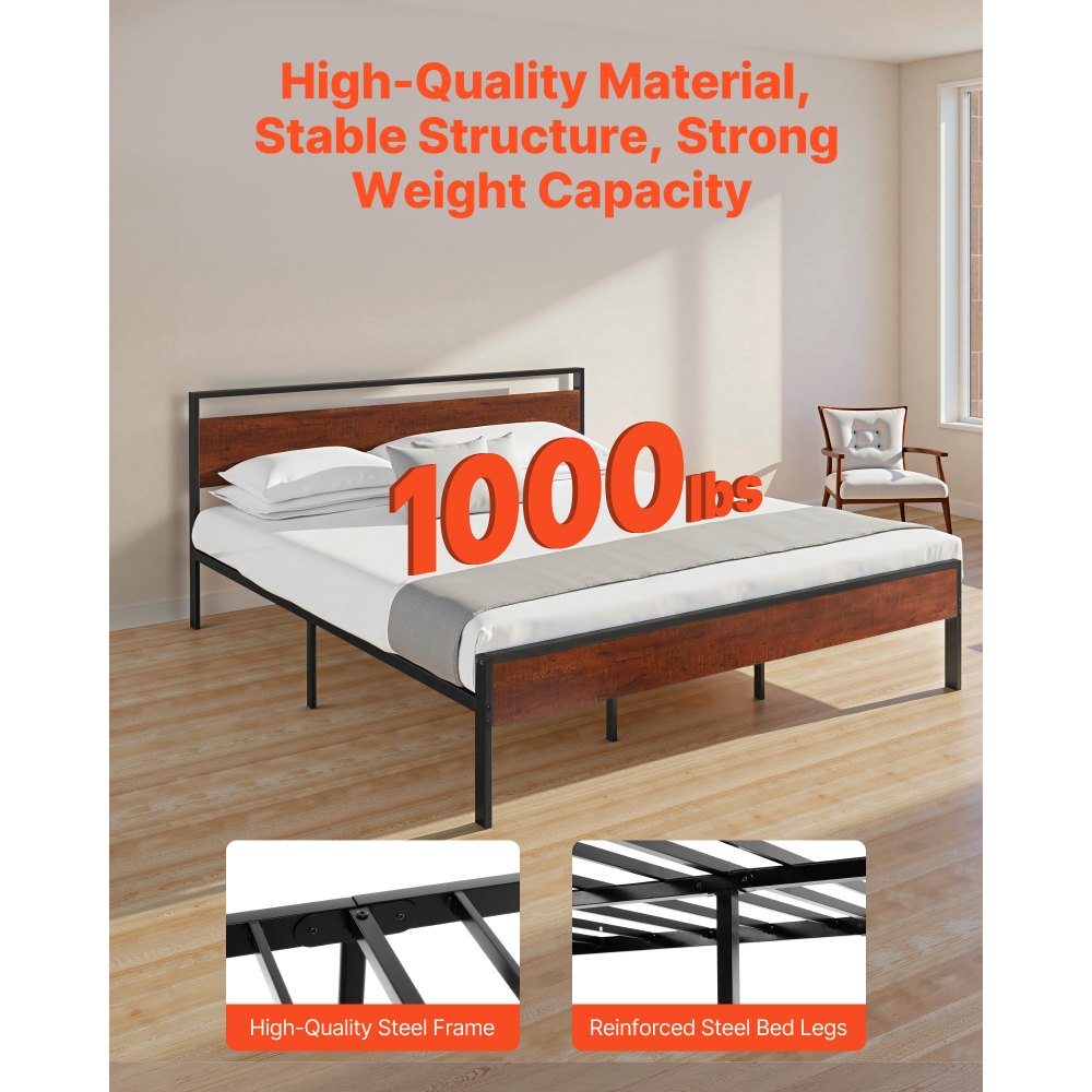 VEVOR King Size Bed Frame, 14 Inch Black Metal Platform Bed Frame with Retro Brown Wooden Headboard and Footboard, Large Under-Bed Storage, Non-Slip Without Noise, No Box Spring Needed, Easy Assembly