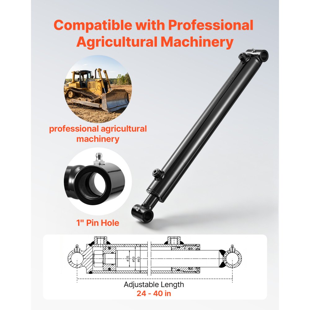 VEVOR Double Acting Hydraulic Cylinder, 2" Bore x 16" Stroke, Max 3500PSI Hydraulic Cylinder, Heavy-Duty Welded Cross Tube Cylinders with 1" Pin Hole & SAE #6 Port for Agricultural Machinery, Tractors