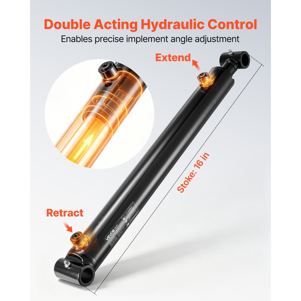 VEVOR Double Acting Hydraulic Cylinder, 2" Bore x 16" Stroke, Max 3500PSI Hydraulic Cylinder, Heavy-Duty Welded Cross Tube Cylinders with 1" Pin Hole & SAE #6 Port for Agricultural Machinery, Tractors