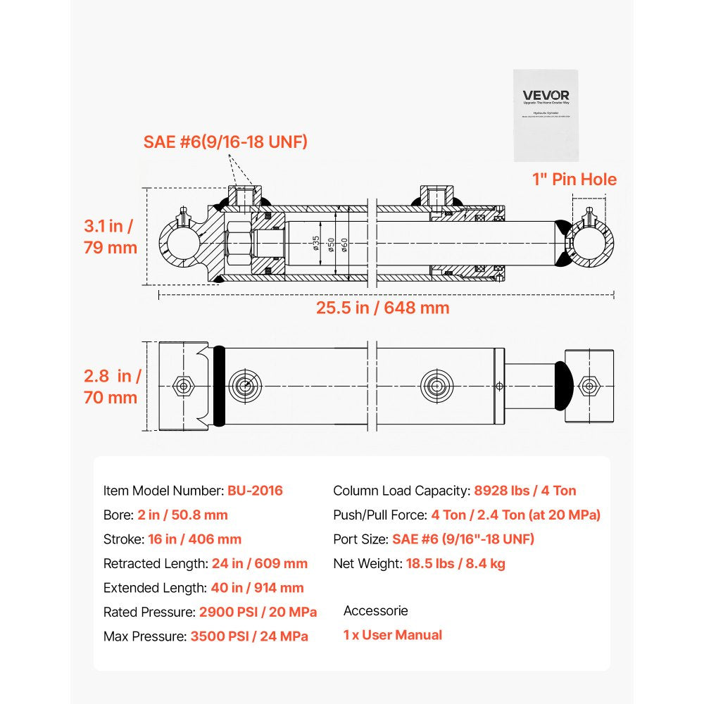 VEVOR Double Acting Hydraulic Cylinder, 2" Bore x 16" Stroke, Max 3500PSI Hydraulic Cylinder, Heavy-Duty Welded Cross Tube Cylinders with 1" Pin Hole & SAE #6 Port for Agricultural Machinery, Tractors