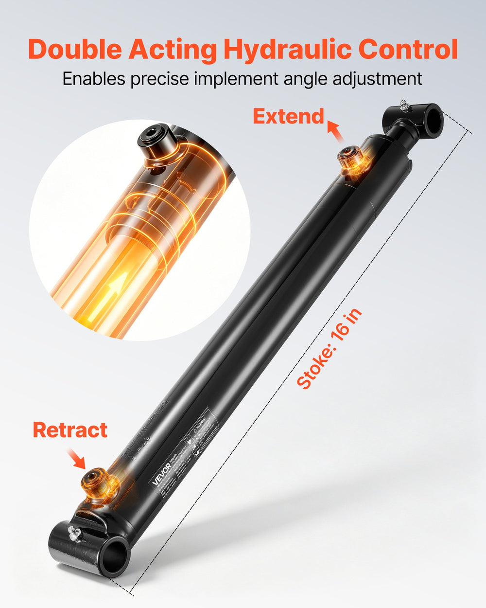 VEVOR Double Acting Hydraulic Cylinder, 2" Bore x 16" Stroke, Max 3500PSI Hydraulic Cylinder, Heavy-Duty Welded Cross Tube Cylinders with 1" Pin Hole & SAE #6 Port for Agricultural Machinery, Tractors