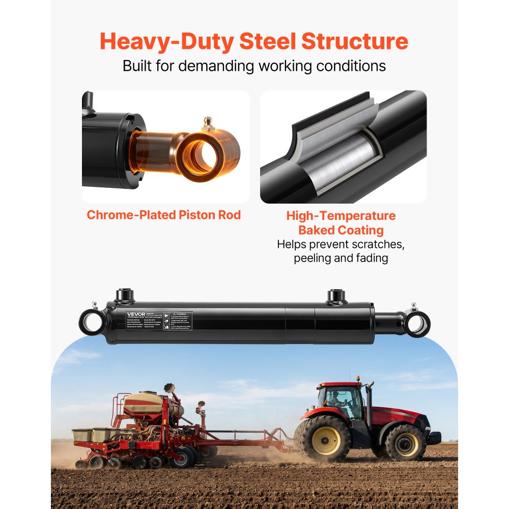 VEVOR Double Acting Hydraulic Cylinder, 2" Bore x 10" Stroke, Max 3500PSI Hydraulic Cylinder, Heavy-Duty Welded Cross Tube Cylinders with 1" Pin Hole & SAE #6 Port for Agricultural Machinery, Tractors