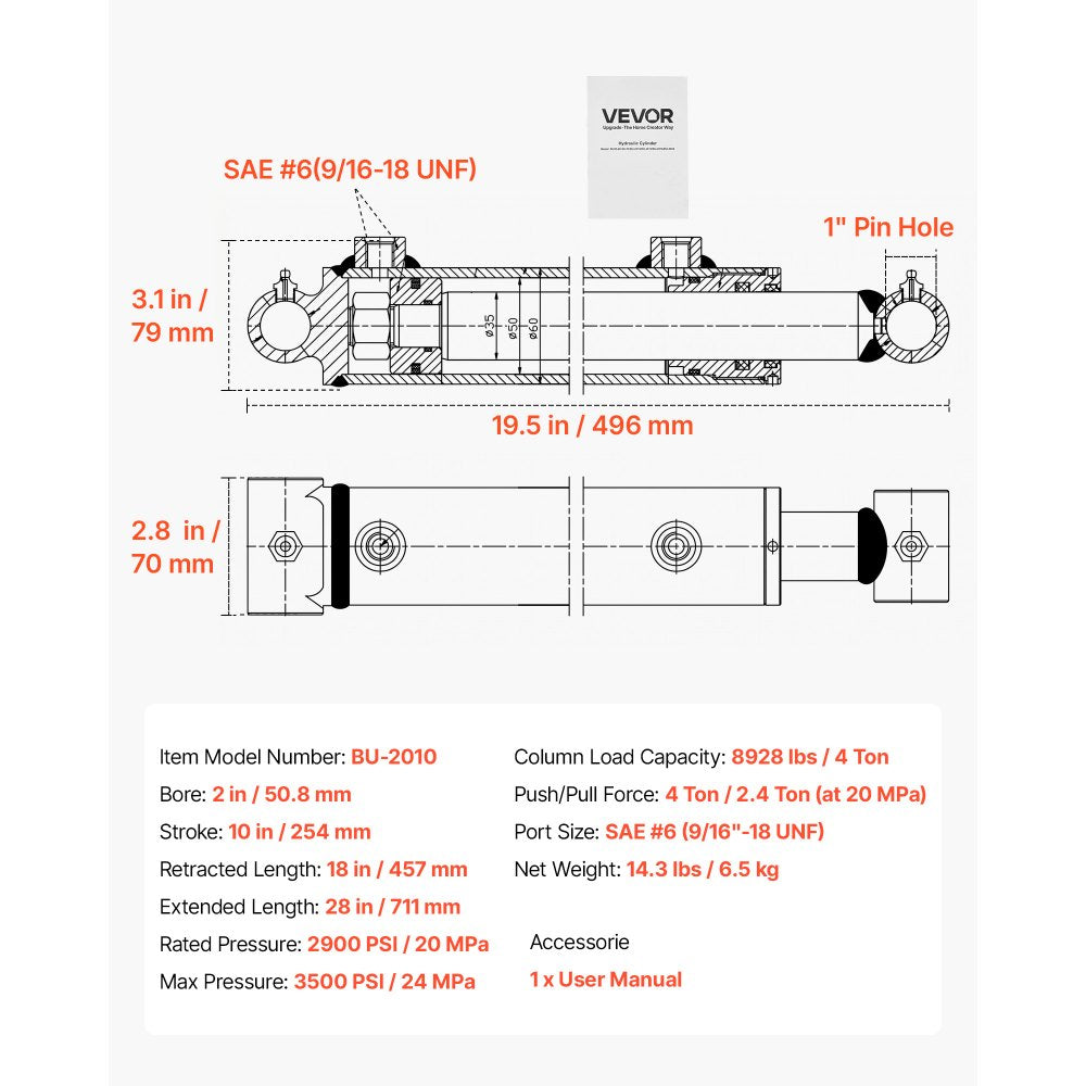VEVOR Double Acting Hydraulic Cylinder, 2" Bore x 10" Stroke, Max 3500PSI Hydraulic Cylinder, Heavy-Duty Welded Cross Tube Cylinders with 1" Pin Hole & SAE #6 Port for Agricultural Machinery, Tractors
