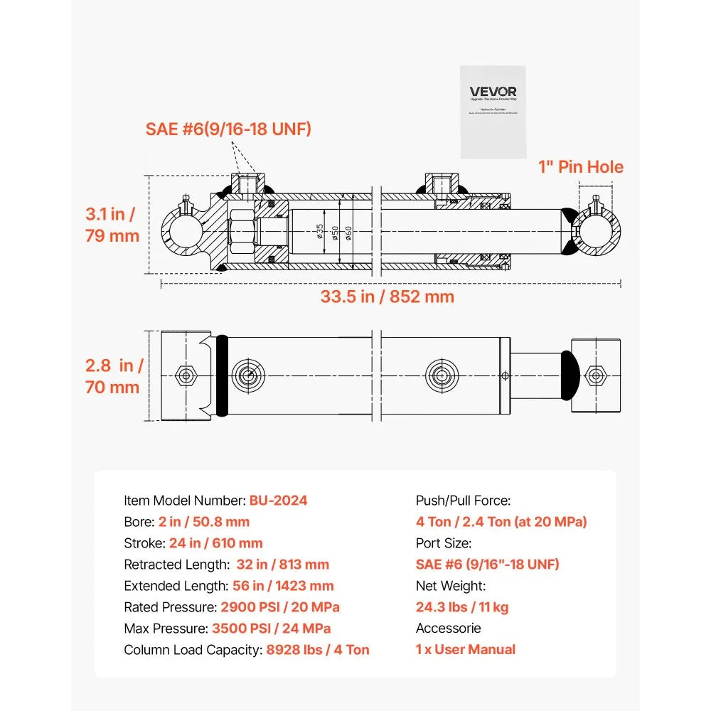 VEVOR Double Acting Hydraulic Cylinder, 2" Bore x 24" Stroke, Max 3500PSI Hydraulic Cylinder, Heavy-Duty Welded Cross Tube Cylinders with 1" Pin Hole & SAE #6 Port for Agricultural Machinery, Tractors