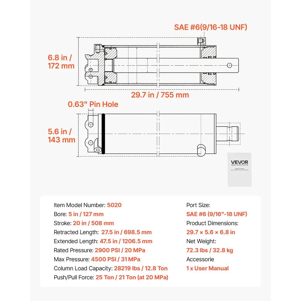 VEVOR Double Acting Hydraulic Cylinder, 5" Bore x 20" Stroke, Max 4500PSI Hydraulic Cylinder, Heavy-Duty Welded Cross Tube Cylinders with 0.63" Pin Hole & SAE #6 Port for Agricultural Machinery, Tractors