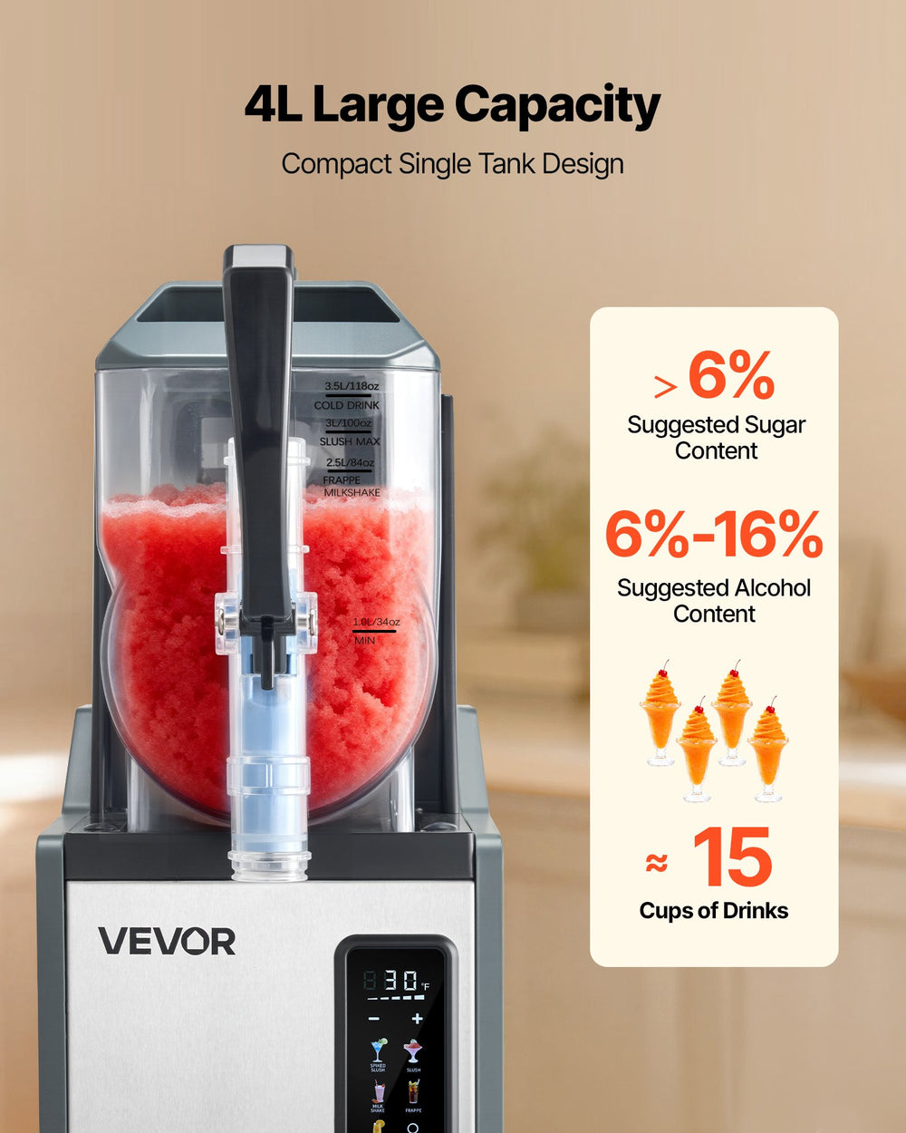 VEVOR Slushie Machine, 4L/135oz No Ice Needed Slushy Machine for Home, Frozen Drink Maker with Single Tank, Margarita Machine with Self-Cleaning, for Frozen Margaritas, Frappés, Milkshake & More
