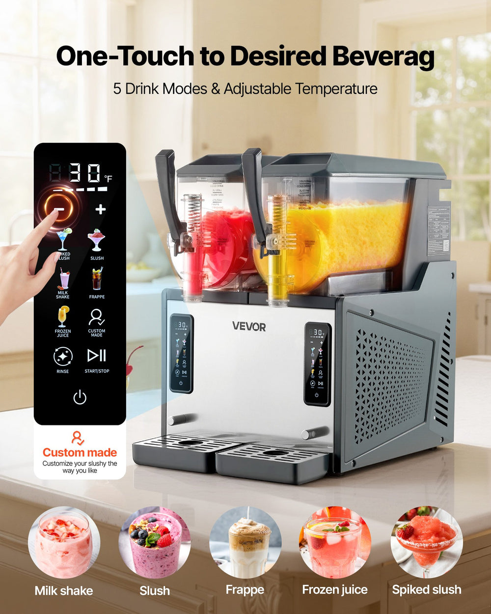 VEVOR Slushie Machine, 4L/135oz x 2 Tank Slushy Machine for Home, No Ice Needed Frozen Drink Maker, Margarita Maker with Self-Cleaning, for Frozen Margaritas, Frappés, Milkshake & More