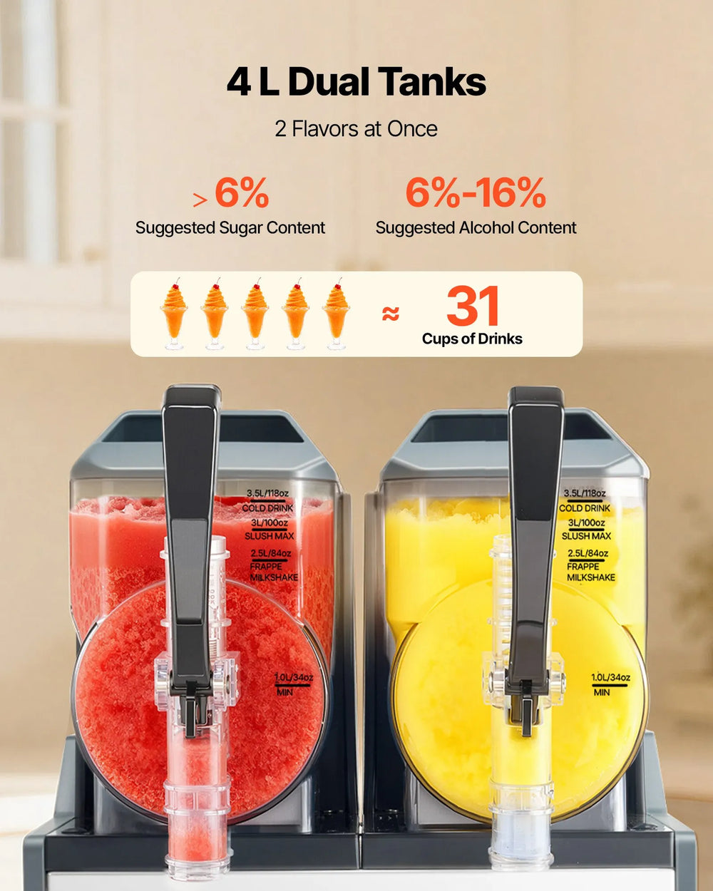 VEVOR Slushie Machine, 4L/135oz x 2 Tank Slushy Machine for Home, No Ice Needed Frozen Drink Maker, Margarita Maker with Self-Cleaning, for Frozen Margaritas, Frappés, Milkshake & More