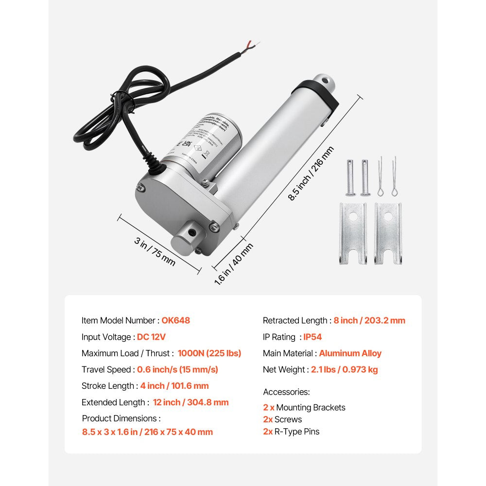 VEVOR 12V Linear Actuator, 4 Inch High Speed 0.6"/s Linear Motion Actuator, 225lbs/1000N with IP54 Protection & Mounting Bracket for Lift Desk, Recliner Chairs, Window Door Opener
