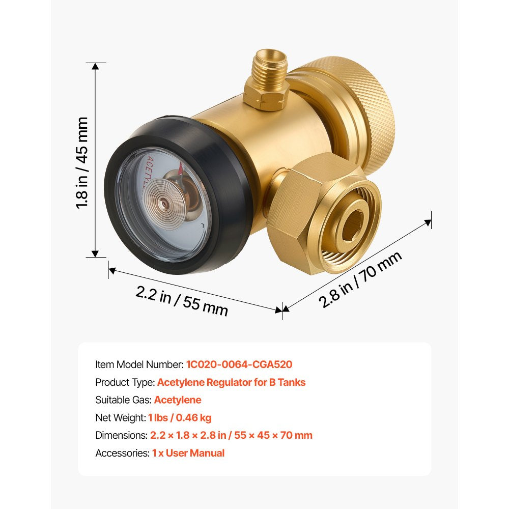 VEVOR CGA520 Acetylene Regulator for B-Type Tanks, AR-B Air Acetylene Regulator Gauge with 3/8"-24 LH Outlet Connection, Heavy-Duty Brass Body for Welding Brazing Applications