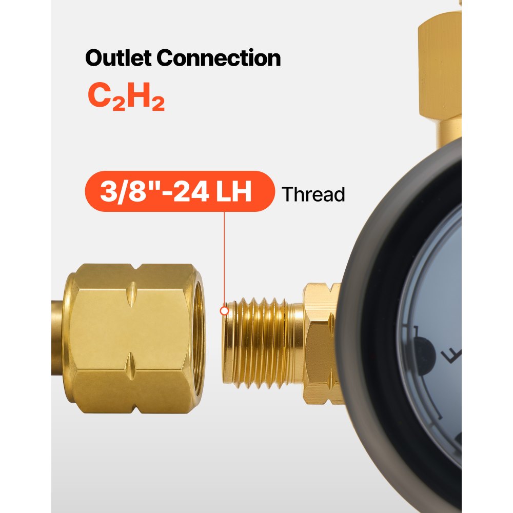 VEVOR CGA200 Acetylene Regulator for Small MC Tanks, AR-MC Air Acetylene Regulator Gauge with 3/8"-24 LH Outlet Connection, Heavy-Duty Brass Body for Welding Brazing Applications