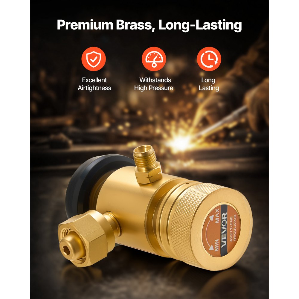VEVOR CGA200 Acetylene Regulator for Small MC Tanks, AR-MC Air Acetylene Regulator Gauge with 3/8"-24 LH Outlet Connection, Heavy-Duty Brass Body for Welding Brazing Applications