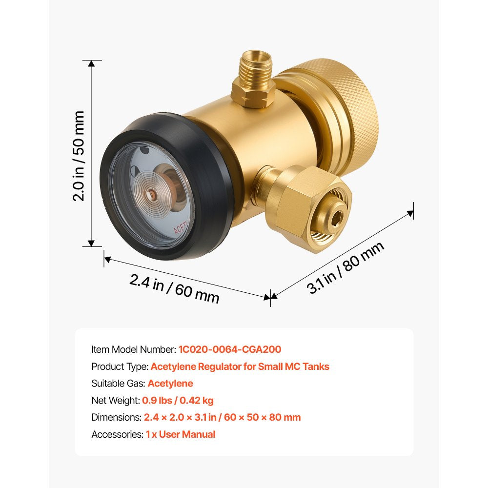 VEVOR CGA200 Acetylene Regulator for Small MC Tanks, AR-MC Air Acetylene Regulator Gauge with 3/8"-24 LH Outlet Connection, Heavy-Duty Brass Body for Welding Brazing Applications