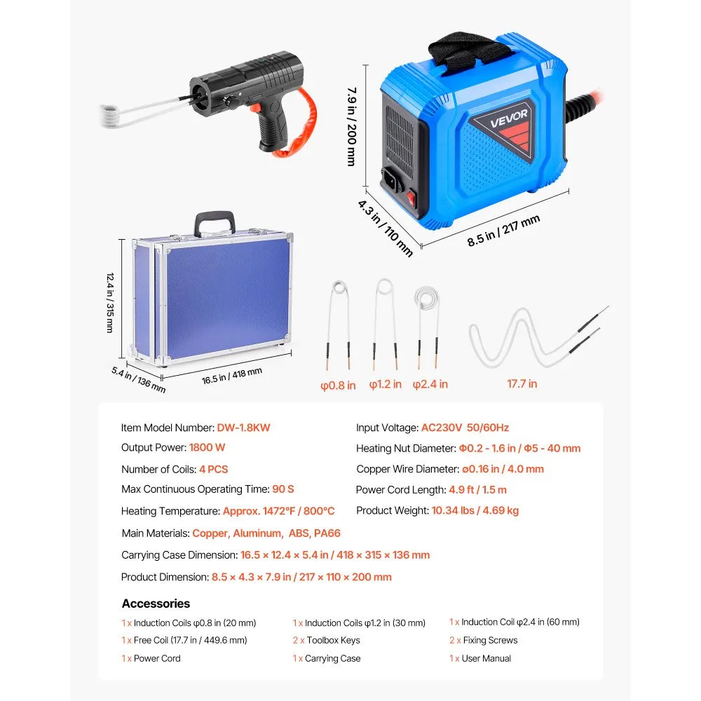 Dimensions and specs overview image (product and carrying case)