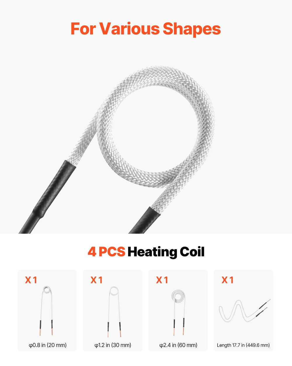 4-piece heating coil set for various shapes (20mm, 30mm, 60mm, and flexible coil)