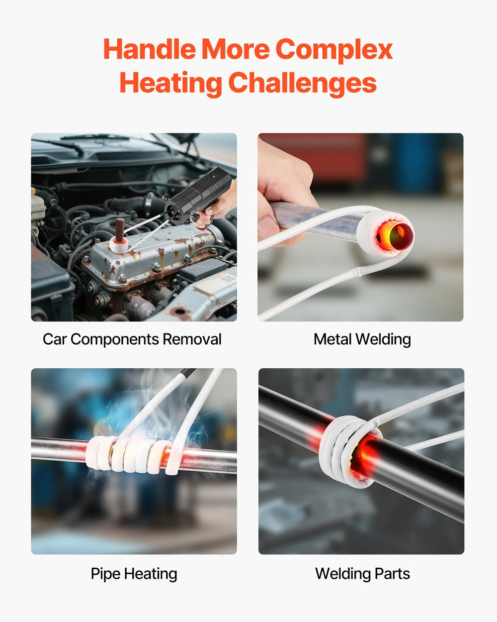 Application examples for complex heating challenges (car components removal, metal welding, pipe heating, welding parts)