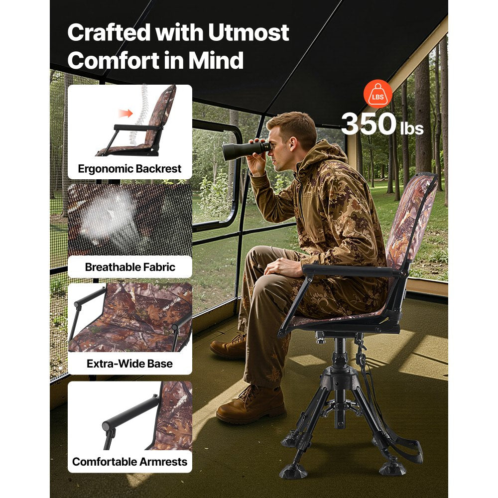 VEVOR Hunting Chair, 360° Silent Swivel, Foldable Portable Blind Chair, Heavy-Duty Steel Frame Ground Stool Seat, with Armrests, Cover, Anti-Sink Feet, Height Adjustable, 350 Lbs Capacity for Camping